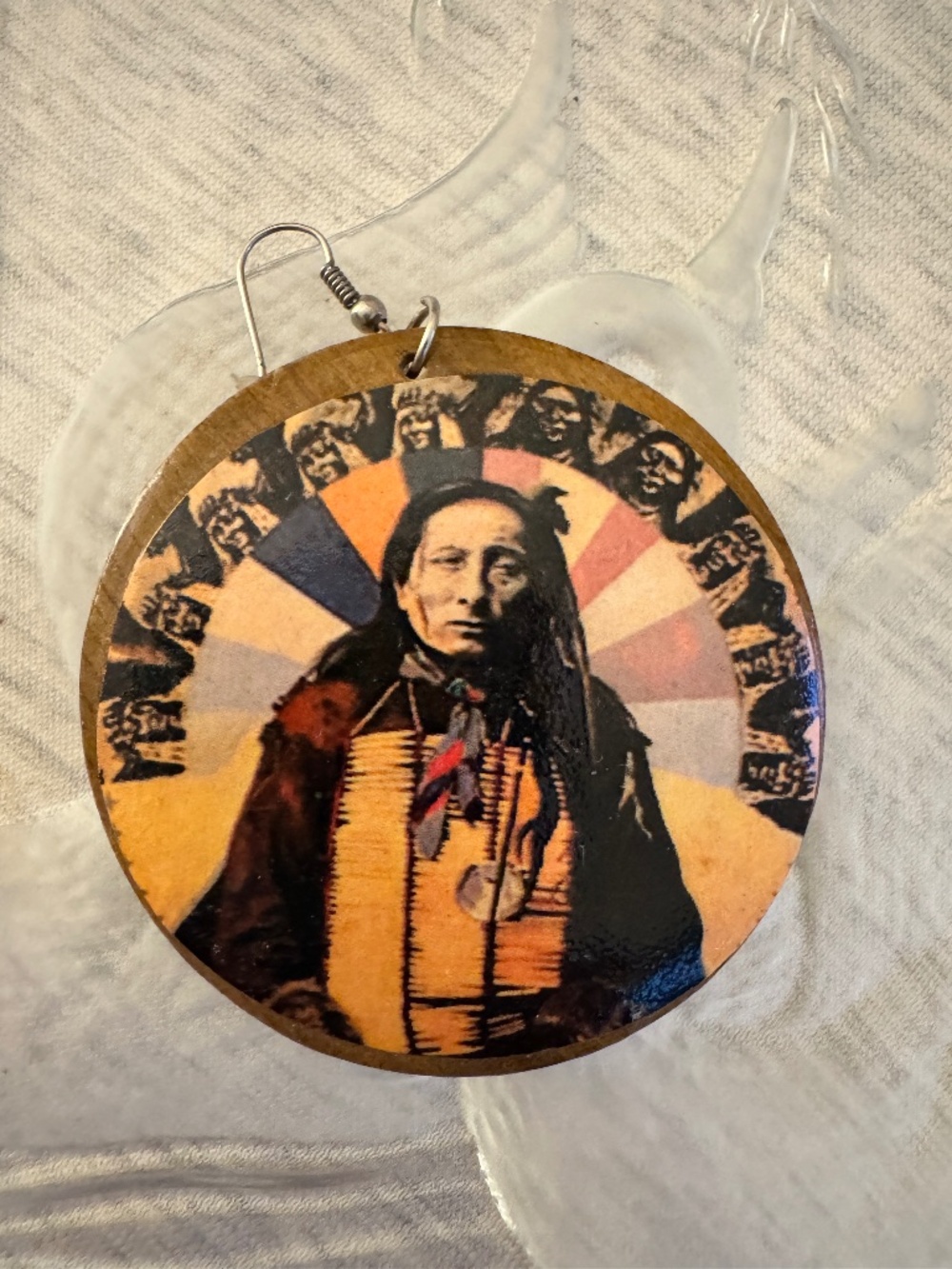 Wood Collaged Dangle Earring *Short Bull of the Lakota* Indigenous Art Earrings
